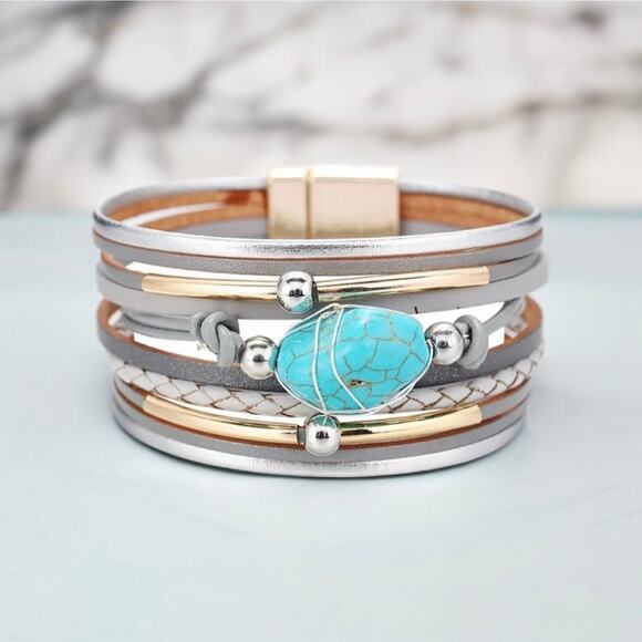 NEW BoHo multi layered gray suede wrap turquoise bead bracelet jewelry B15A - Picture 3 of 3